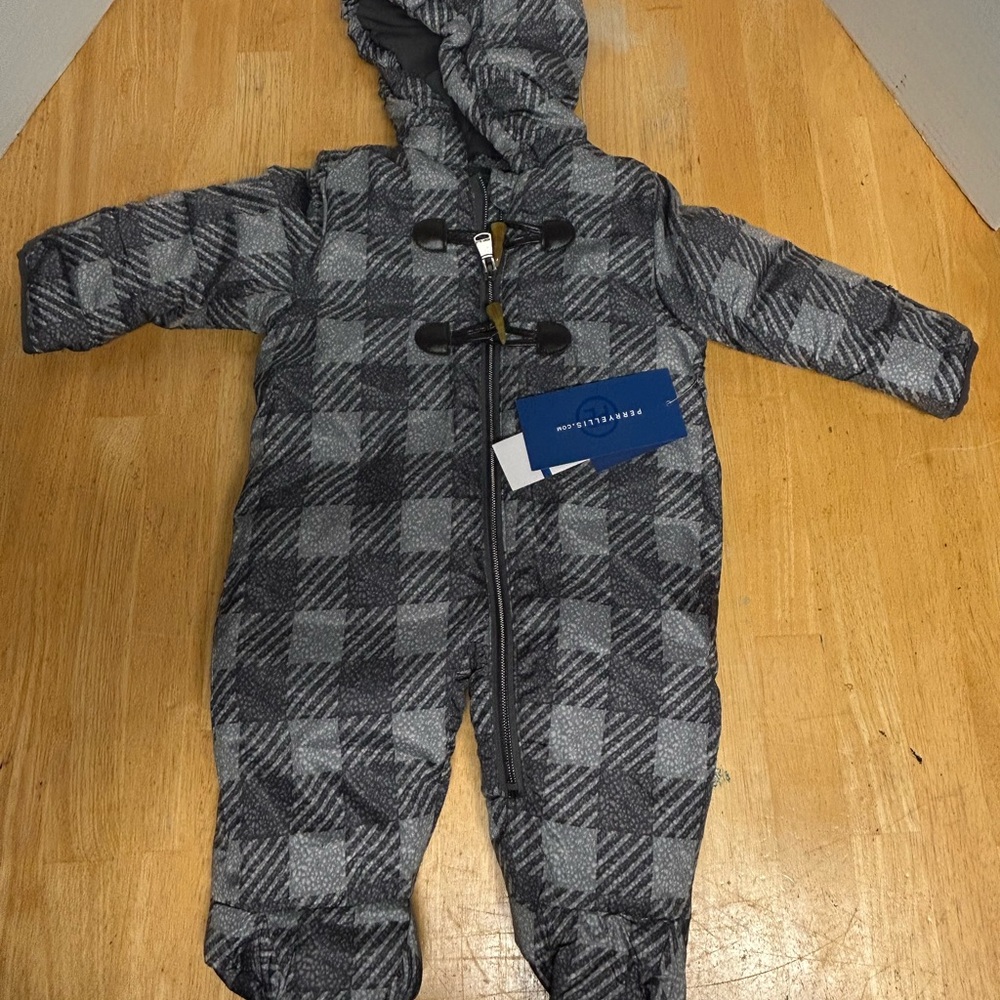 Gray Plaid Hooded Baby Snowsuit, Sz 3/6 months